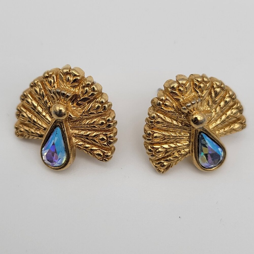 Avon Peacock Pierced Earrings Gold Tone Metal with Blue Rhinestones